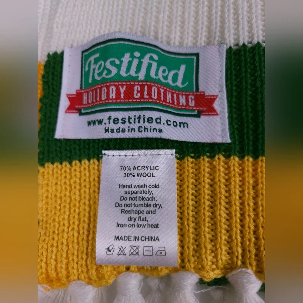 Schweppes Festified Holiday Clothing Scarf Green Yellow White Acrylic & Wool